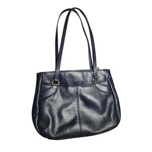 Vintage 70s Navy Blue Leather Shoulder Bag Tote Gold Granny Grandma Cottage Boho